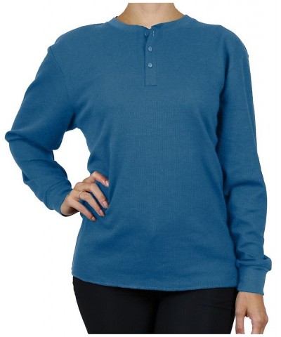 Women's Oversize Loose Fitting Waffle-Knit Henley Thermal Sweater Medium Blue $17.64 Sweaters