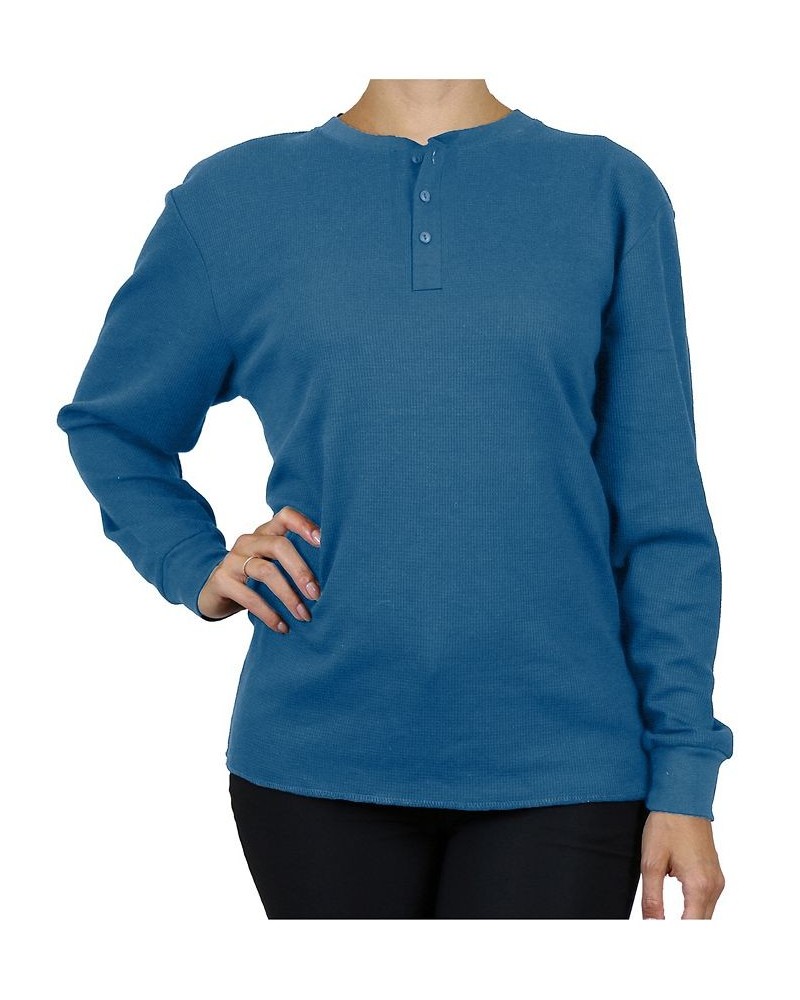 Women's Oversize Loose Fitting Waffle-Knit Henley Thermal Sweater Medium Blue $17.64 Sweaters