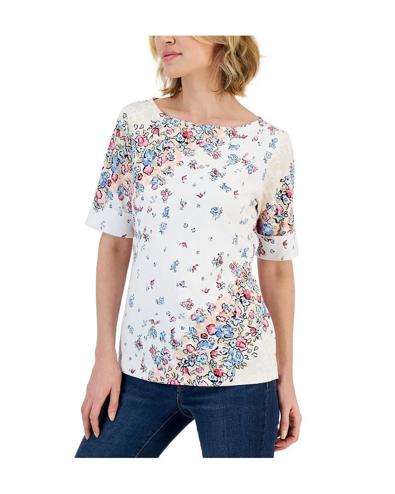 Women's Givery Garden Boat-Neck Elbow-Sleeve Top White $11.79 Tops