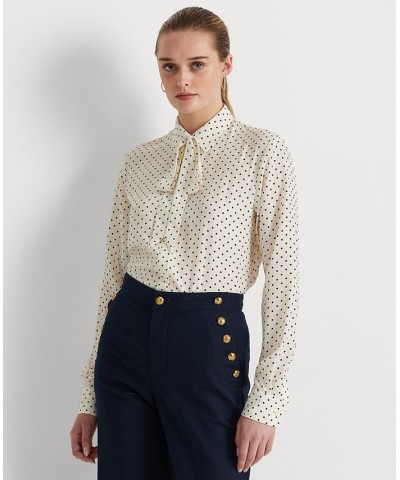 Women's Polka-Dot Tie-Neck Crepe Shirt Ivory/Cream $45.90 Tops