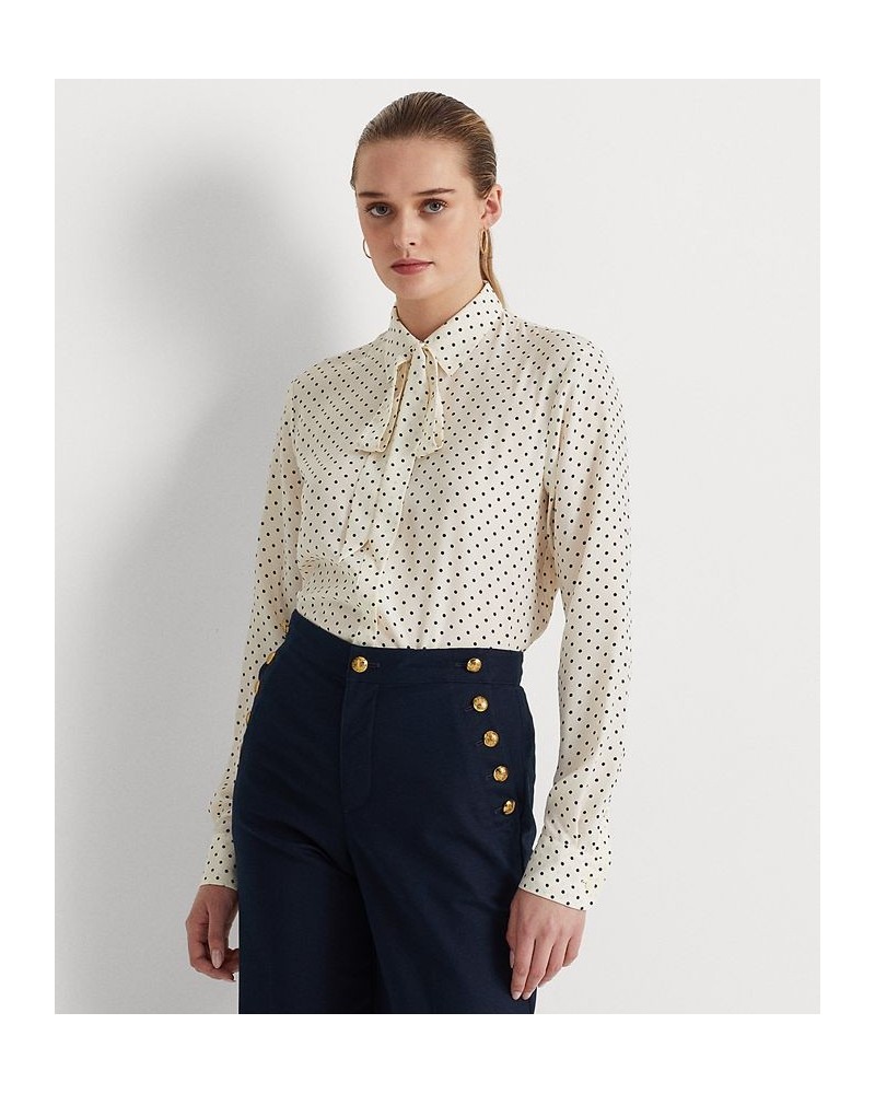 Women's Polka-Dot Tie-Neck Crepe Shirt Ivory/Cream $45.90 Tops