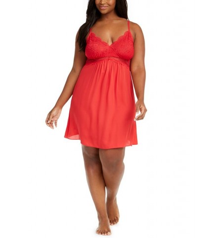 Plus Size Lace Chiffon Nightgown Red $12.58 Sleepwear