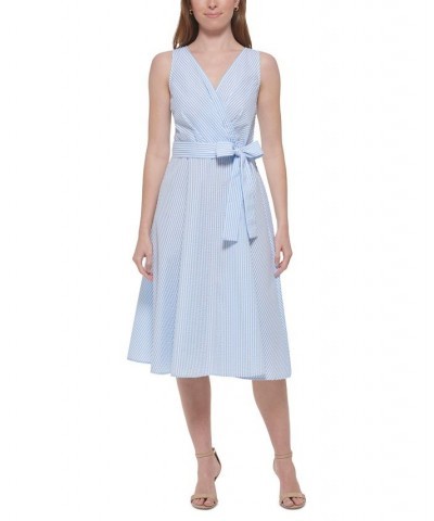 Women's Striped Sleeveless Belted Dress Blue Ivory $62.58 Dresses