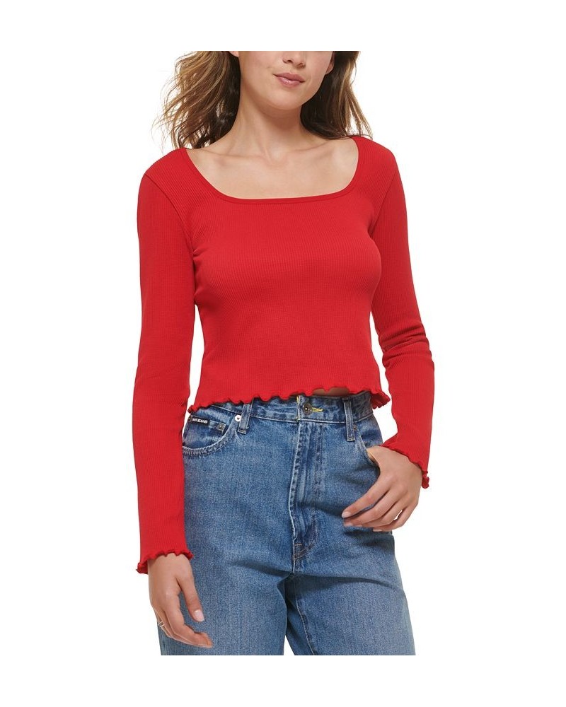 Women's Square-Neck Lettuce-Edge Top Red $25.26 Tops