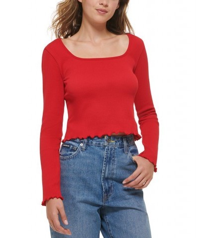 Women's Square-Neck Lettuce-Edge Top Red $25.26 Tops