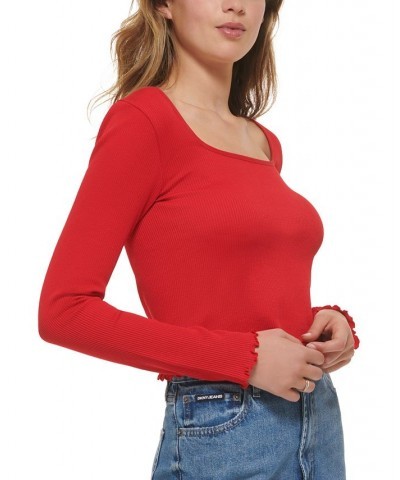 Women's Square-Neck Lettuce-Edge Top Red $25.26 Tops