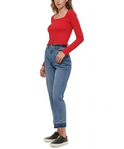 Women's Square-Neck Lettuce-Edge Top Red $25.26 Tops