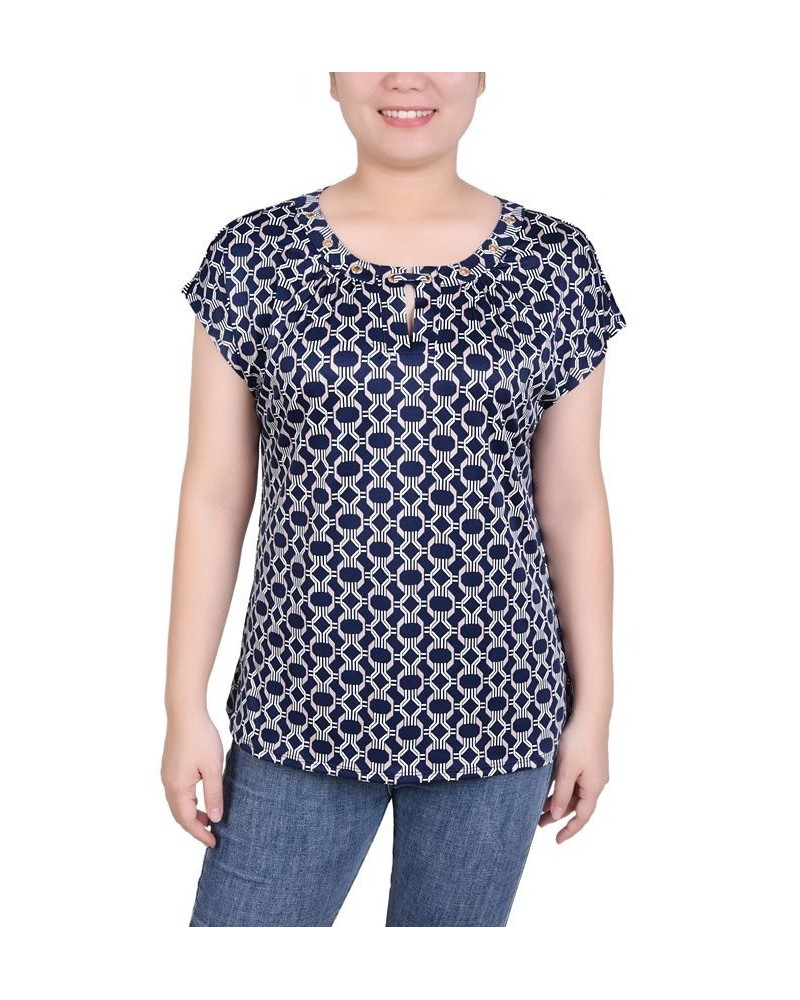 Petite Grommet Neck Knit Short Extended Sleeve Top Navy Taupe Link $23.92 Tops