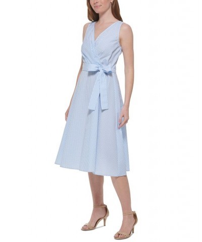 Women's Striped Sleeveless Belted Dress Blue Ivory $62.58 Dresses