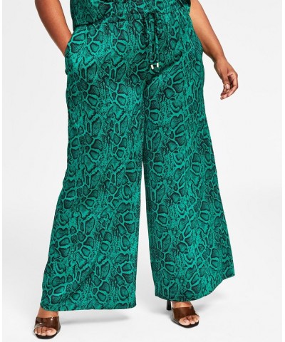 Trendy Plus Size Printed Satin Wide-Leg Pants Green Snake $23.26 Pants