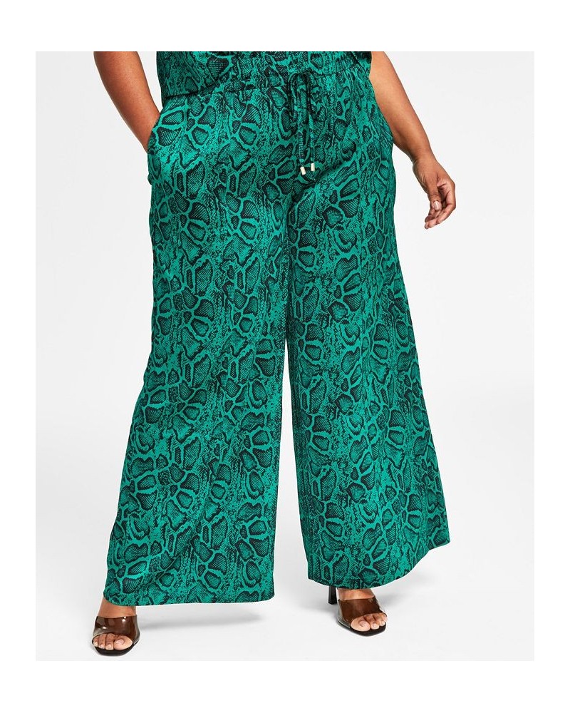 Trendy Plus Size Printed Satin Wide-Leg Pants Green Snake $23.26 Pants