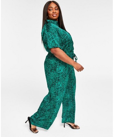 Trendy Plus Size Printed Satin Wide-Leg Pants Green Snake $23.26 Pants