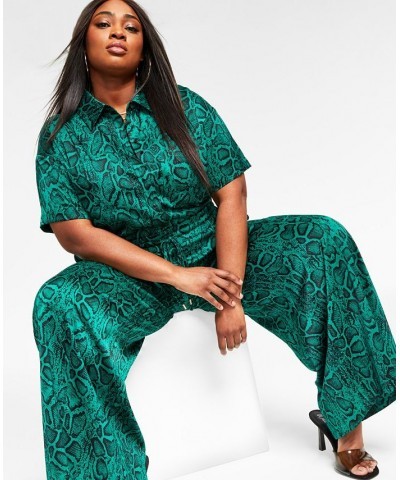 Trendy Plus Size Printed Satin Wide-Leg Pants Green Snake $23.26 Pants