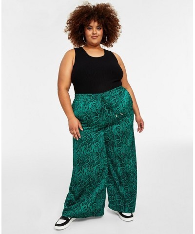 Trendy Plus Size Printed Satin Wide-Leg Pants Green Snake $23.26 Pants