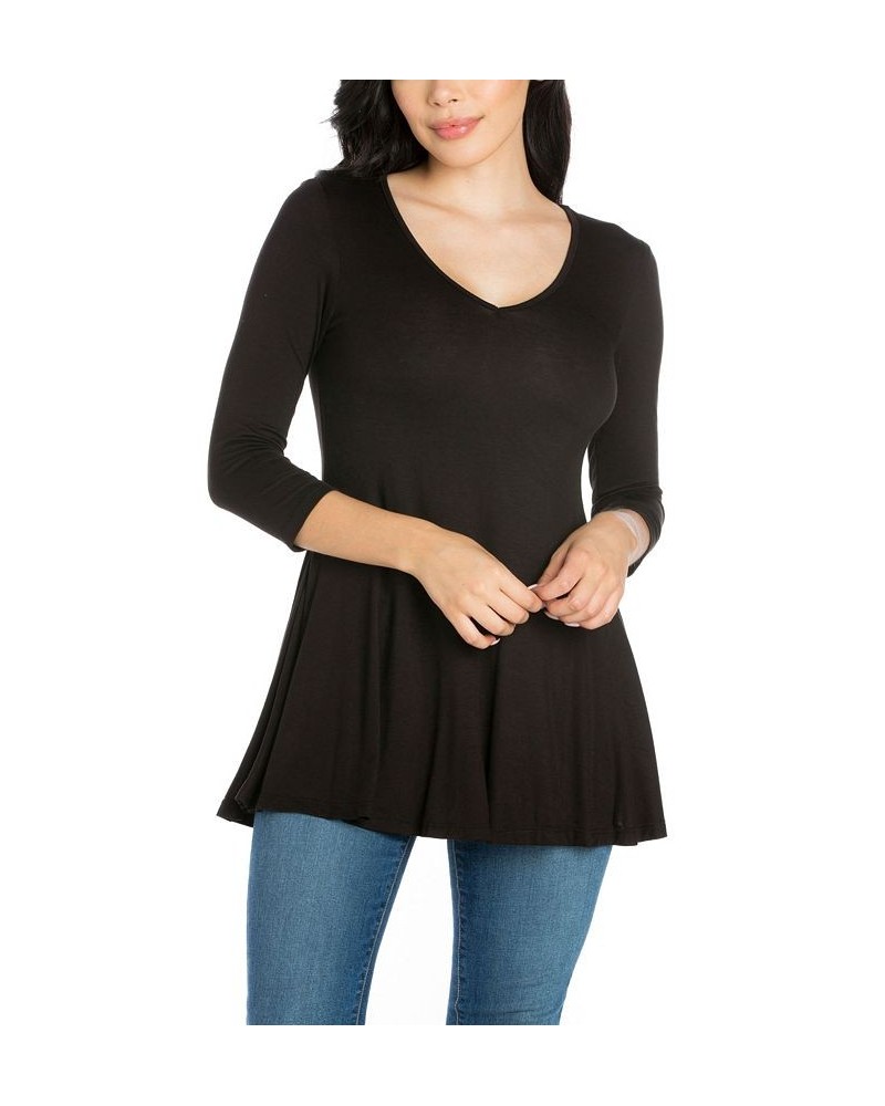 Women's Three Quarter Sleeve V-neck Tunic Top Black $16.55 Tops