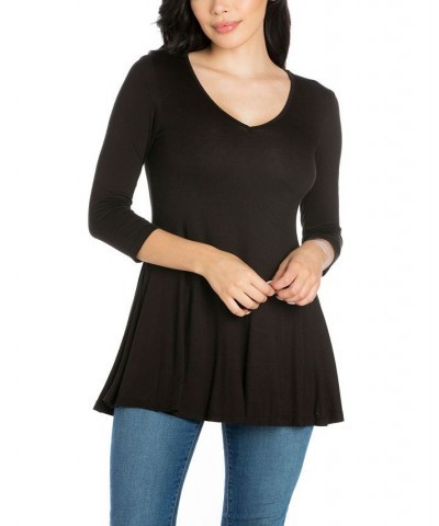 Women's Three Quarter Sleeve V-neck Tunic Top Black $16.55 Tops