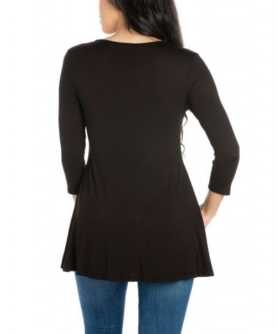 Women's Three Quarter Sleeve V-neck Tunic Top Black $16.55 Tops