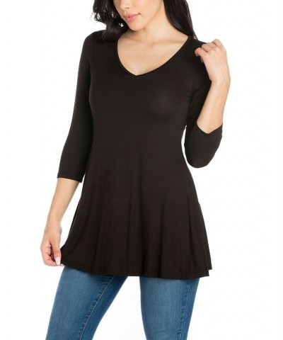 Women's Three Quarter Sleeve V-neck Tunic Top Black $16.55 Tops