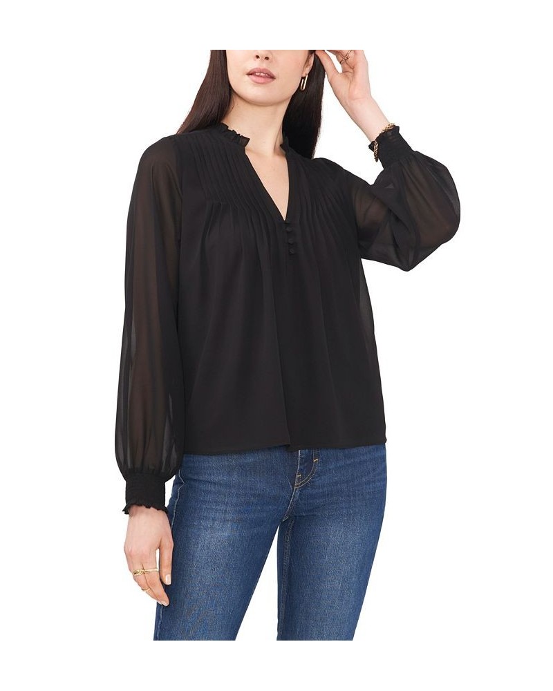 Women's Pleated Yoke Split Neck Top Black $27.25 Tops