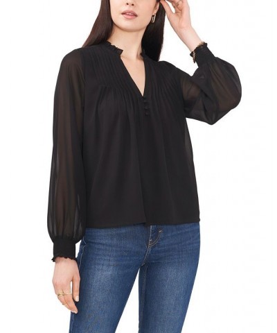 Women's Pleated Yoke Split Neck Top Black $27.25 Tops