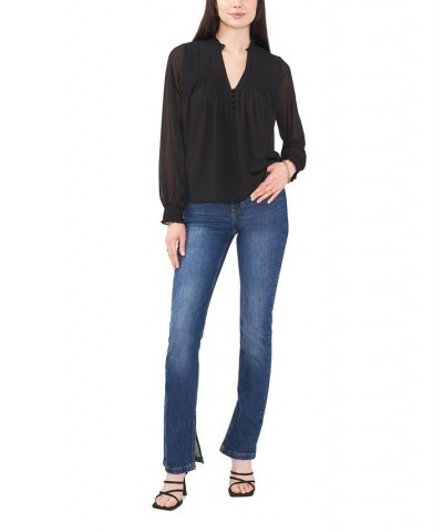 Women's Pleated Yoke Split Neck Top Black $27.25 Tops