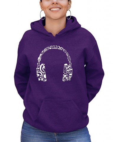 Women's Word Art Music Note Headphones Hooded Sweatshirt Purple $28.20 Sweatshirts