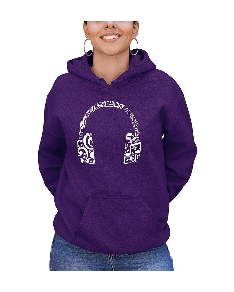 Women's Word Art Music Note Headphones Hooded Sweatshirt Purple $28.20 Sweatshirts