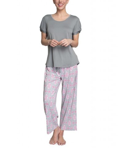 Plus Size Embellished Sleeve & Printed Pajama Pants Set Gray $31.20 Sleepwear