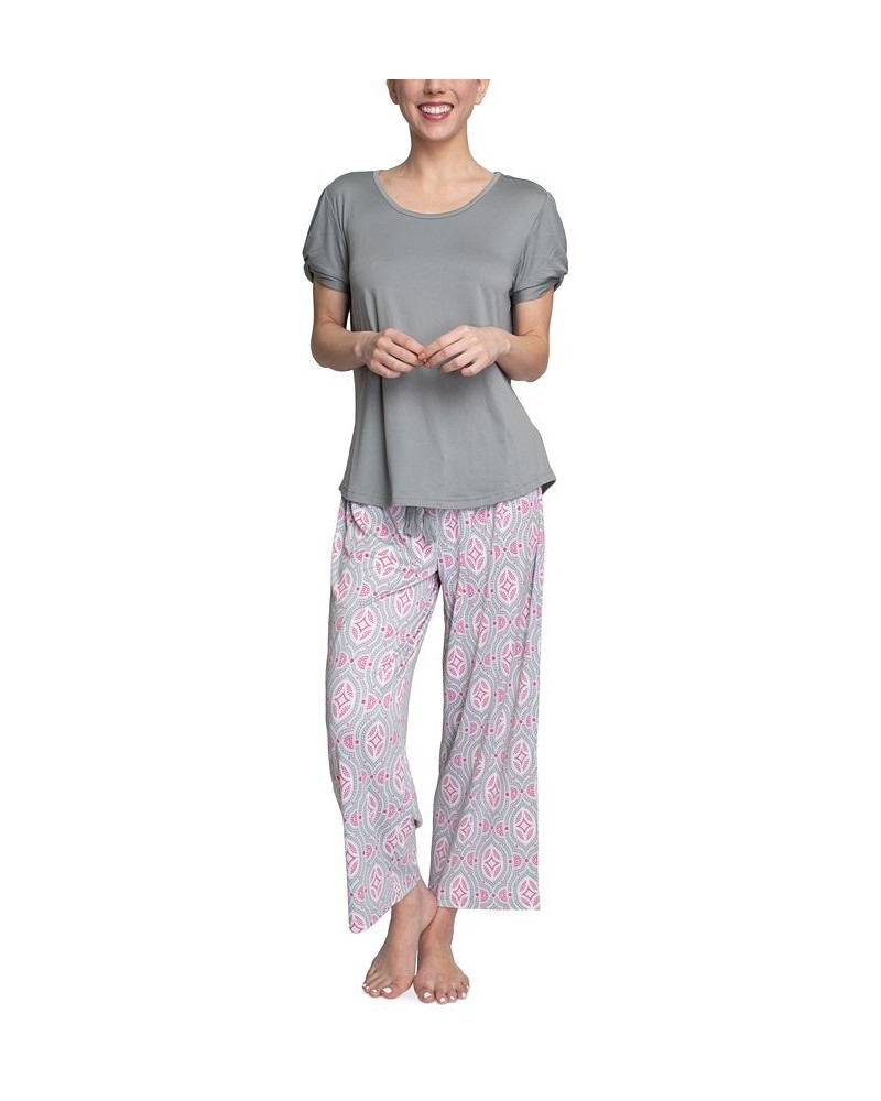 Plus Size Embellished Sleeve & Printed Pajama Pants Set Gray $31.20 Sleepwear