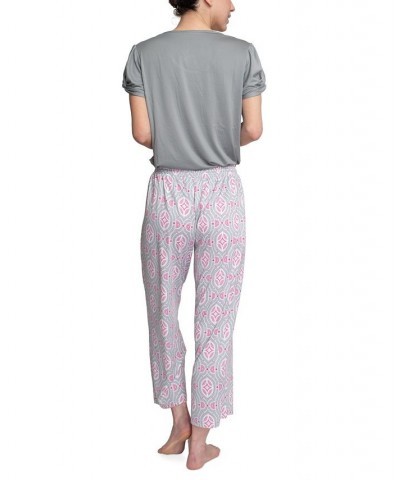 Plus Size Embellished Sleeve & Printed Pajama Pants Set Gray $31.20 Sleepwear