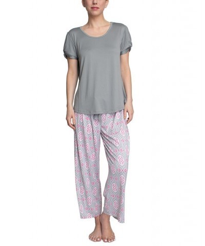 Plus Size Embellished Sleeve & Printed Pajama Pants Set Gray $31.20 Sleepwear