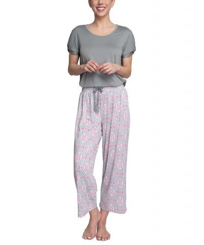 Plus Size Embellished Sleeve & Printed Pajama Pants Set Gray $31.20 Sleepwear