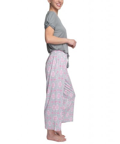 Plus Size Embellished Sleeve & Printed Pajama Pants Set Gray $31.20 Sleepwear