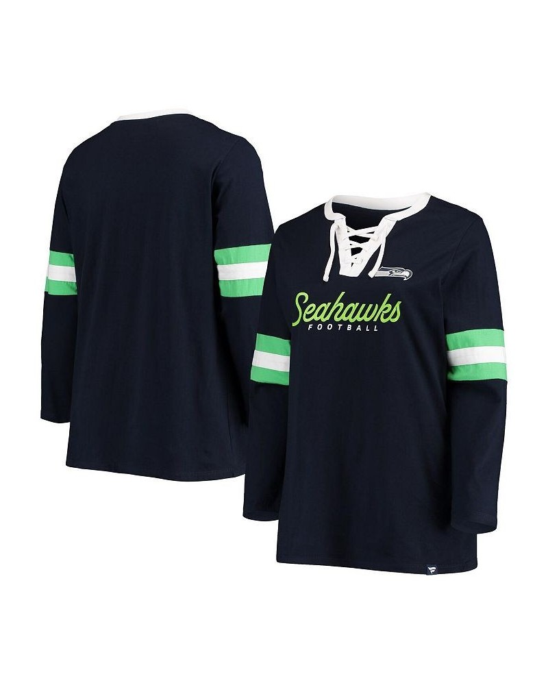 Women's College Navy Seattle Seahawks Plus Size Script Lace-Up Long Sleeve T-shirt Navy $25.30 Tops