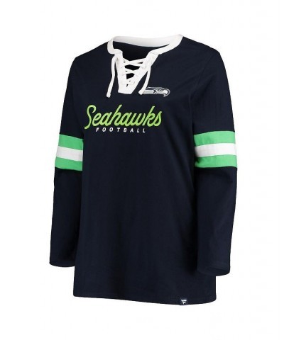 Women's College Navy Seattle Seahawks Plus Size Script Lace-Up Long Sleeve T-shirt Navy $25.30 Tops