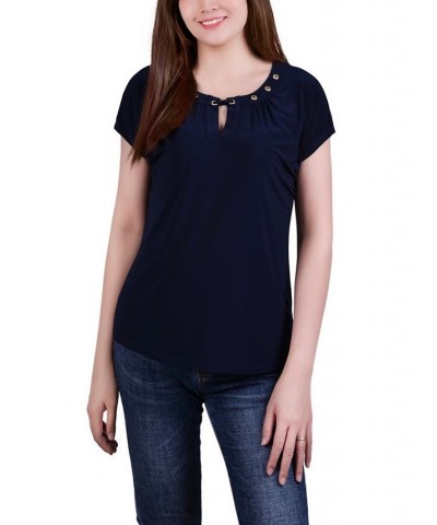 Petite Size Short Sleeve Grommet Top with Keyhole Black $15.50 Tops