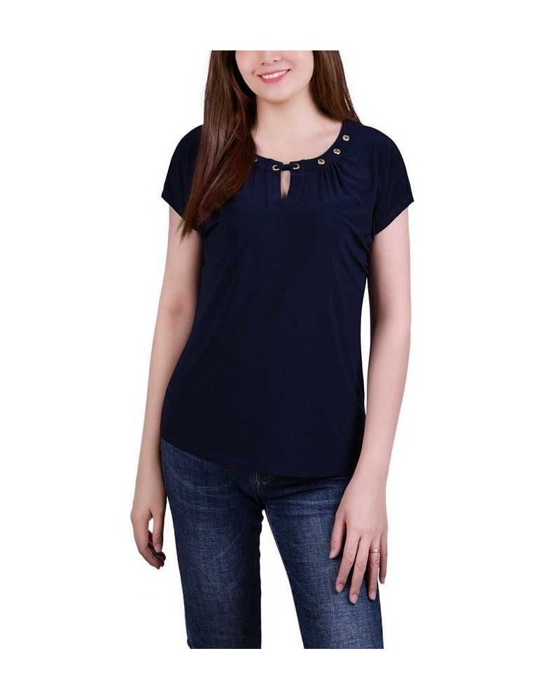 Petite Size Short Sleeve Grommet Top with Keyhole Black $15.50 Tops