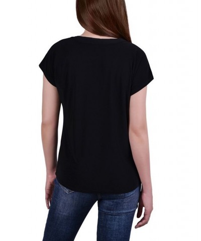 Petite Size Short Sleeve Grommet Top with Keyhole Black $15.50 Tops