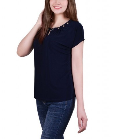 Petite Size Short Sleeve Grommet Top with Keyhole Black $15.50 Tops