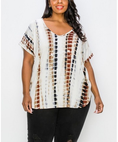Plus Size Hand Tie Dye V-Neck Rolled Sleeve Top Cream/Tan $21.45 Tops