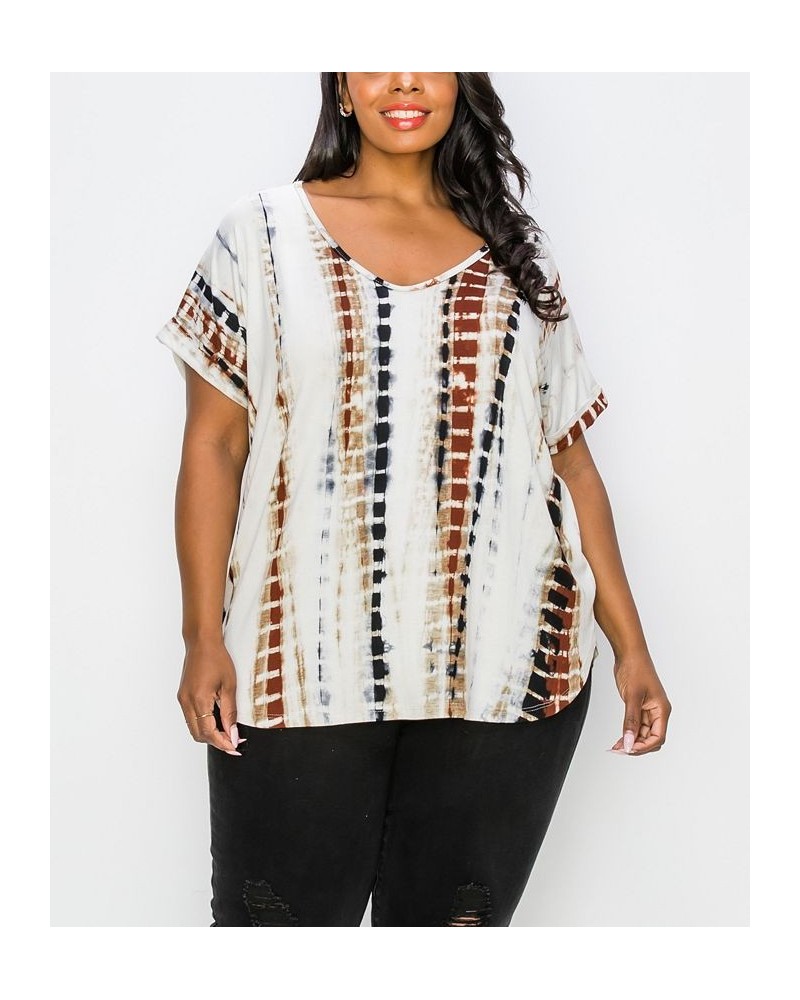 Plus Size Hand Tie Dye V-Neck Rolled Sleeve Top Cream/Tan $21.45 Tops