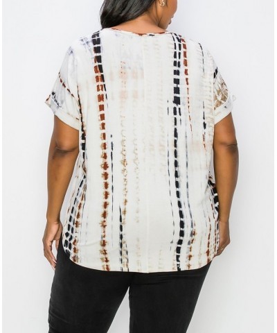 Plus Size Hand Tie Dye V-Neck Rolled Sleeve Top Cream/Tan $21.45 Tops