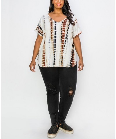 Plus Size Hand Tie Dye V-Neck Rolled Sleeve Top Cream/Tan $21.45 Tops