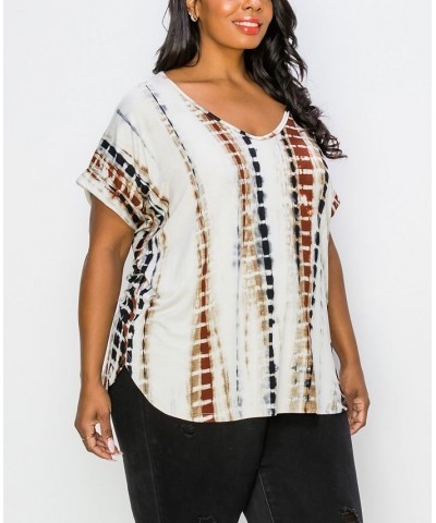 Plus Size Hand Tie Dye V-Neck Rolled Sleeve Top Cream/Tan $21.45 Tops