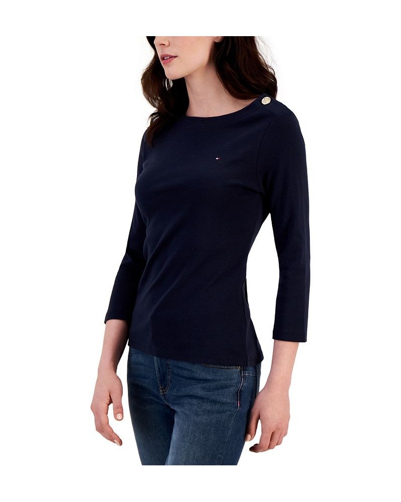 Women's Cotton 3/4-Sleeve Boat-Neck Top Blue $15.29 Tops