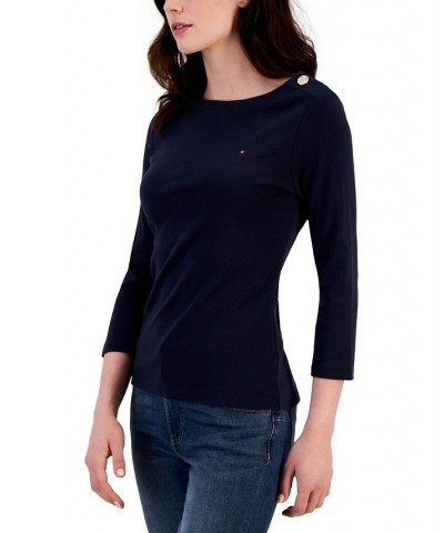 Women's Cotton 3/4-Sleeve Boat-Neck Top Blue $15.29 Tops