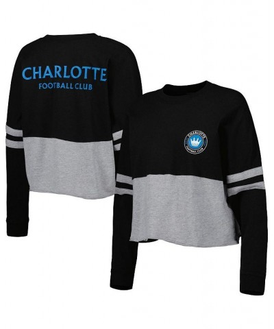 Women's Black Charlotte FC Cropped Retro Jersey Long Sleeve T-shirt Black $27.55 Tops