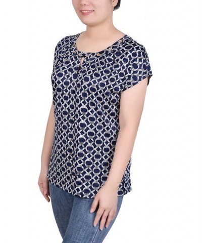 Petite Grommet Neck Knit Short Extended Sleeve Top Navy Taupe Link $23.92 Tops