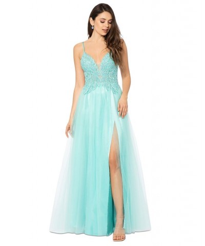 Juniors' Mesh Embroidered-Bodice Ball Gown Green $98.26 Dresses