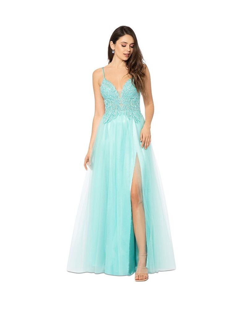 Juniors' Mesh Embroidered-Bodice Ball Gown Green $98.26 Dresses